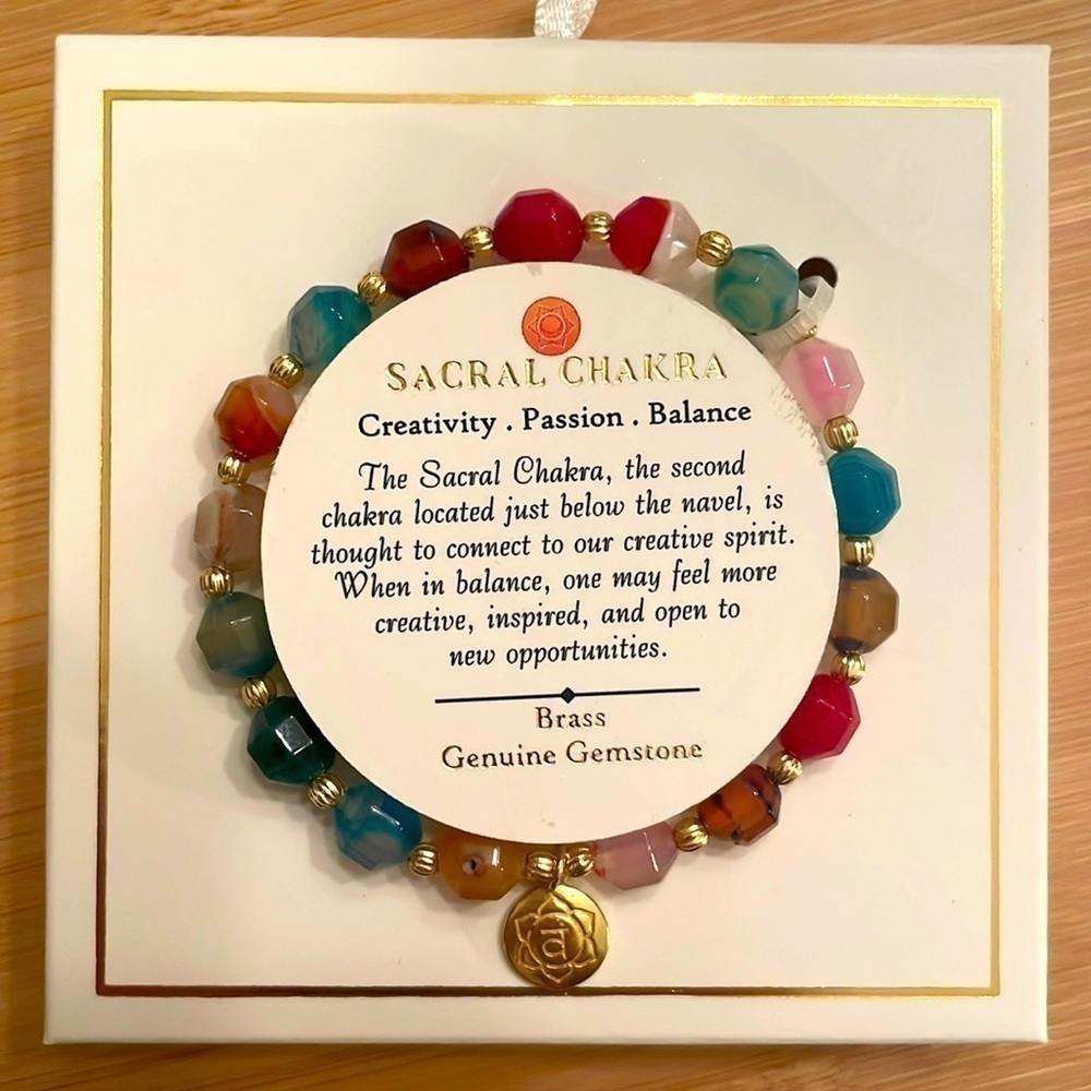 Brand New Genuine Gemstone Brass Sacral Chakra Colorful Beaded Stretch Bracelet